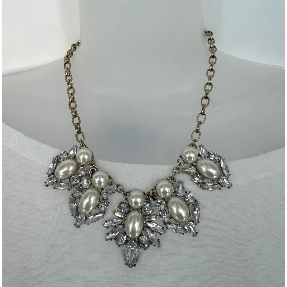Faux Pearl Crystal‎ Bib Necklace Gold Tone Bridal Chic Formal Jewelry 103-170